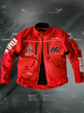 Front view of Cyberpunk Red Techwear Bomber Jacket with a vibrant red finish and futuristic bomber design