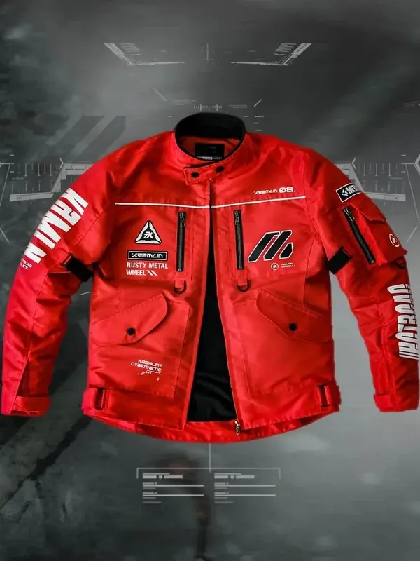 Front view of Cyberpunk Red Techwear Bomber Jacket with a vibrant red finish and futuristic bomber design