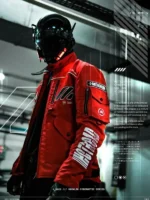 Side view of Cyberpunk Red Techwear Bomber Jacket highlighting its sleek bomber profile and red finish
