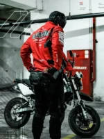 Cyberpunk Red Techwear Bomber Jacket featuring a bold red finish, bomber silhouette, and futuristic streetwear design