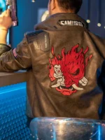 Back view of Cyberpunk Samurai 2077 Bomber Jacket featuring the signature Samurai-inspired graphic design