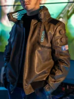 Close-up of Cyberpunk Samurai 2077 Bomber Jacket highlighting the front closure and detailed craftsmanship