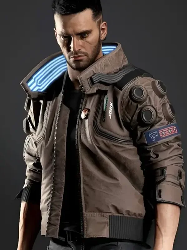 Front view of Cyberpunk Samurai 2077 Bomber Jacket with a classic bomber silhouette and premium finish