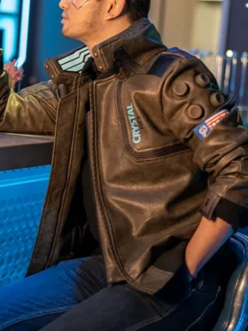 Side view of Cyberpunk Samurai 2077 Bomber Jacket showing its structured fit and sleek bomber profile