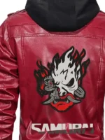 Cyberpunk Samurai Red Hooded Leather Jacket Back Design View