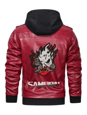 Cyberpunk Samurai Red Hooded Leather Jacket Back View