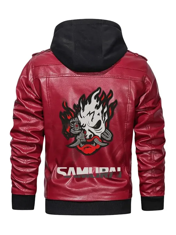 Cyberpunk Samurai Red Hooded Leather Jacket Back View
