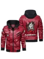 Cyberpunk Samurai Red Hooded Leather Jacket Front And Back View