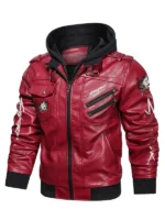 Cyberpunk Samurai Red Hooded Leather Jacket Front View