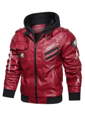 Cyberpunk Samurai Red Hooded Leather Jacket Front View