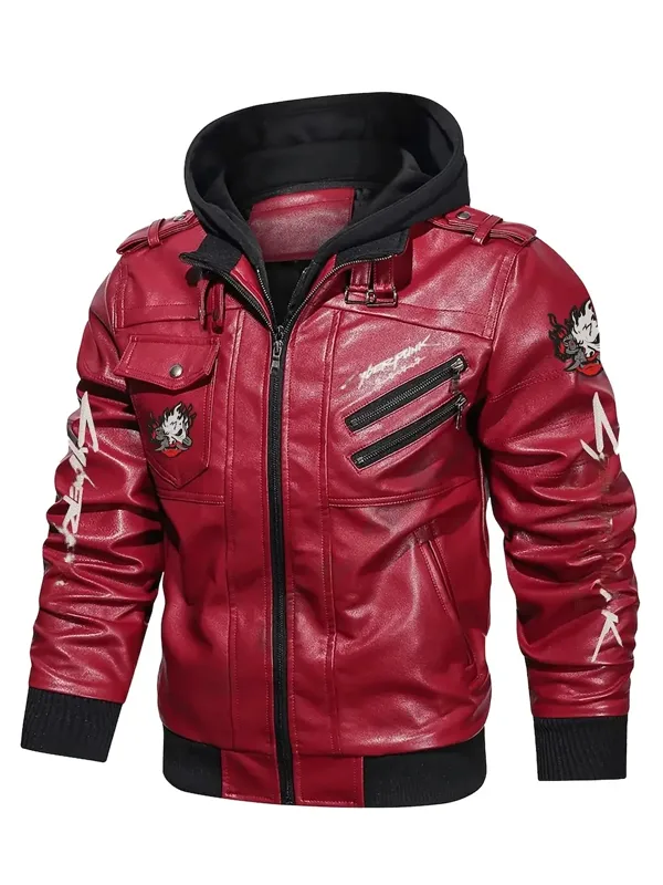 Cyberpunk Samurai Red Hooded Leather Jacket Front View