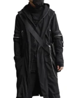 Front view of Cyberpunk Techwear Cape Coat highlighting its futuristic cape silhouette and premium design
