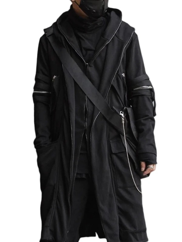 Cyberpunk Techwear Cape Coat Front View Front view of Cyberpunk Techwear Cape Coat highlighting its futuristic cape silhouette and premium design