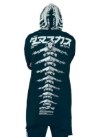 Back view of Cyberpunk Techwear Graphic Long Jacket featuring a long silhouette and graphic techwear styling
