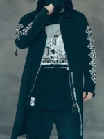 Close-up of Cyberpunk Techwear Graphic Long Jacket highlighting the front closure and detailed craftsmanship
