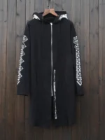 Front view of Cyberpunk Techwear Graphic Long Jacket with graphic detailing and a futuristic long coat design