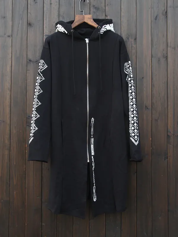 Cyberpunk Techwear Graphic Long Jacket Front View Front view of Cyberpunk Techwear Graphic Long Jacket with graphic detailing and a futuristic long coat design