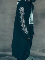 Side view of Cyberpunk Techwear Graphic Long Jacket featuring a long silhouette, graphic details, and futuristic styling