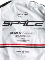 Back design view of Cyberpunk White Techwear Bomber Jacket highlighting signature detailing and futuristic styling