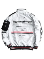 Back view of Cyberpunk White Techwear Bomber Jacket featuring a clean bomber silhouette and white techwear styling