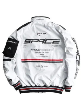 Back view of Cyberpunk White Techwear Bomber Jacket featuring a clean bomber silhouette and white techwear styling