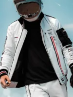 Close-up of Cyberpunk White Techwear Bomber Jacket highlighting the front closure and premium craftsmanship