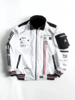 Front view of Cyberpunk White Techwear Bomber Jacket with a bold white finish and futuristic bomber design