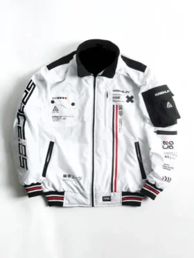 Front view of Cyberpunk White Techwear Bomber Jacket with a bold white finish and futuristic bomber design