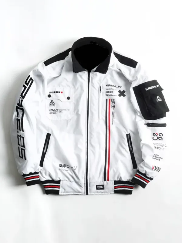 Cyberpunk White Techwear Bomber Jacket Front View Front view of Cyberpunk White Techwear Bomber Jacket with a bold white finish and futuristic bomber design