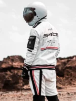 Side view of Cyberpunk White Techwear Bomber Jacket featuring a sleek white finish, modern bomber fit, and futuristic styling