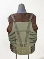 Rear back view of the Dark Knight Rises Bane leather vest featuring green back lacing, canvas straps with D-rings, and studded waist paneling.