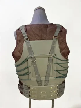 Rear back view of the Dark Knight Rises Bane leather vest featuring green back lacing, canvas straps with D-rings, and studded waist paneling.