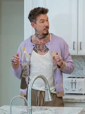 Front view of David Bromstad S19 Lilac Floral Cardigan featuring a soft lilac tone, floral pattern, and relaxed knit styling