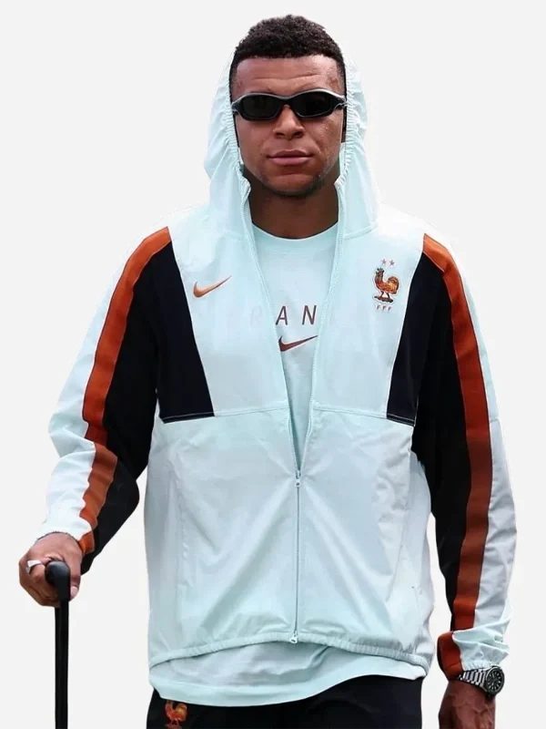 FIFA World Cup 2026 Kylian Mbappe Jacket Front View Front view of FIFA World Cup 2026 Kylian Mbappe Jacket featuring clean detailing and a streamlined football-inspired silhouette