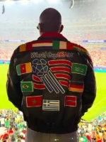 Back view of Fabolous World Cup Leather Jacket featuring vintage football team flag graphics and premium leather