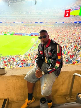 Front view of Fabolous World Cup Leather Jacket featuring vintage team flag graphics and premium leather