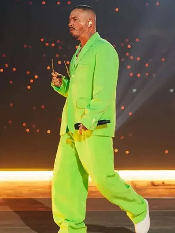 Final Show Paris 2026 J Balvin Green Suit Front View Front view of Final Show Paris 2026 J Balvin Green Suit showing refined tailoring and a vibrant green formal design