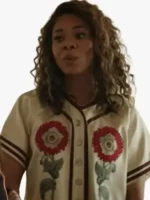Close-up of Five Star Weekend Regina Hall Floral Top highlighting floral print, fabric texture, stitching, and premium craftsmanship