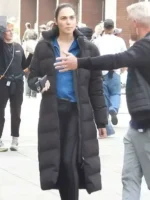 Front view of Gal Gadot The Runner Puffer Coat featuring clean front detailing, premium quilted construction, and a tailored fit