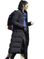 Side view of Gal Gadot The Runner Puffer Coat featuring a streamlined profile, premium quilted construction, and tailored craftsmanship