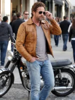 Closure view of Gerard Butler Brown Leather Jacket highlighting the front zipper, neat stitching, and premium brown leather texture