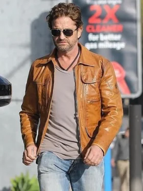 Front view of Gerard Butler Brown Leather Jacket featuring a structured collar, zip closure, and rich brown leather finish