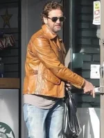 Side view of Gerard Butler Brown Leather Jacket featuring a tailored fit, smooth brown leather, and clean everyday styling