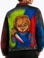 Back look of Chucky Denim Jacket featuring bold Halloween-inspired graphics and a classic denim finish