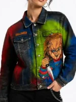 Front look of Chucky Denim Jacket featuring classic denim construction and Halloween-inspired character detailing