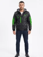 Cyberpunk Halloween Hooded Leather Jacket front look showing styled outfit and neon green street appeal