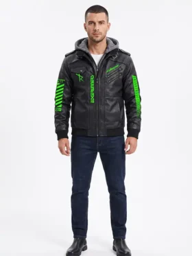 Cyberpunk Halloween Hooded Leather Jacket front look showing styled outfit and neon green street appeal