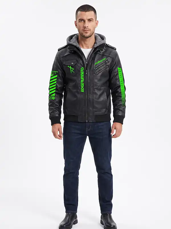 Cyberpunk Halloween Hooded Leather Jacket front look showing styled outfit and neon green street appeal