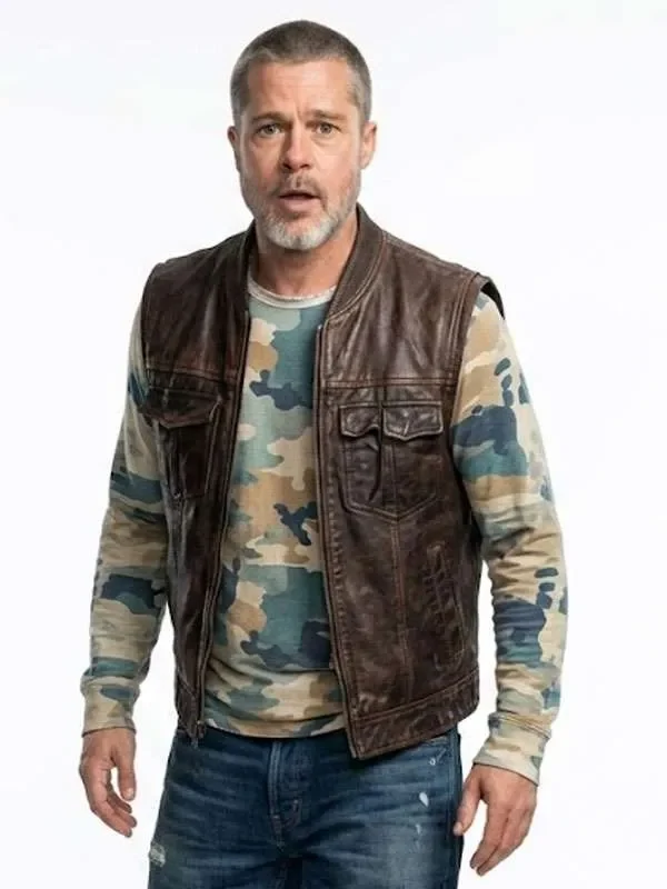 Heart of the Beast 2026 Brad Pitt Brown Vest Front View Front view of Heart of the Beast 2026 Brad Pitt Brown Vest featuring clean front detailing and a rugged brown design
