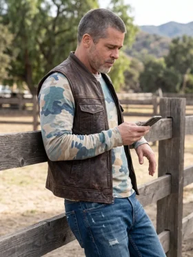 Side view of Heart of the Beast 2026 Brad Pitt Brown Vest featuring a rugged brown finish and practical sleeveless design